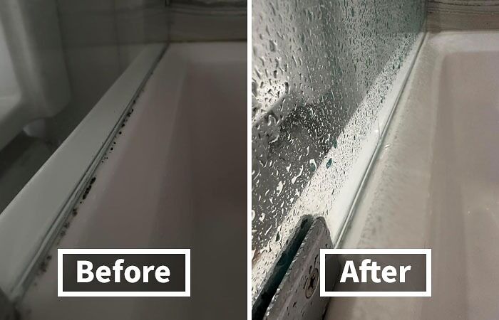 Before and after images showing a clean bathtub edge, demonstrating adulting tips for maintaining a mold-free bathroom.