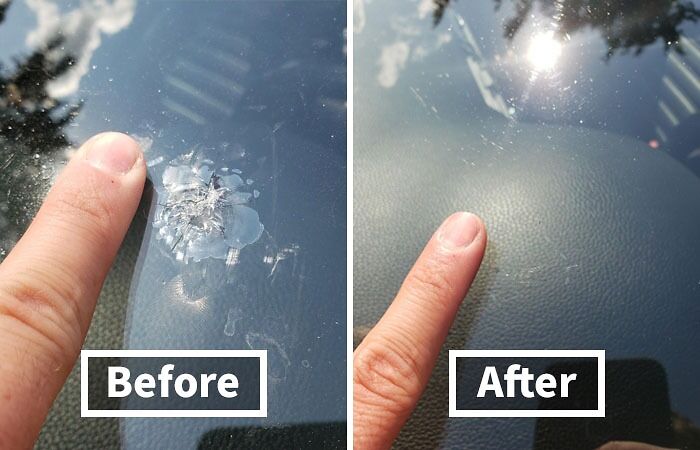 Finger pointing at a c*****d windshield before and after repair showing a smooth surface, ideal for people who want to nail adulting.