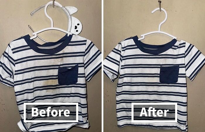 Striped t-shirt on hanger showing before and after cleaning results, illustrating adulting finds for everyday life.