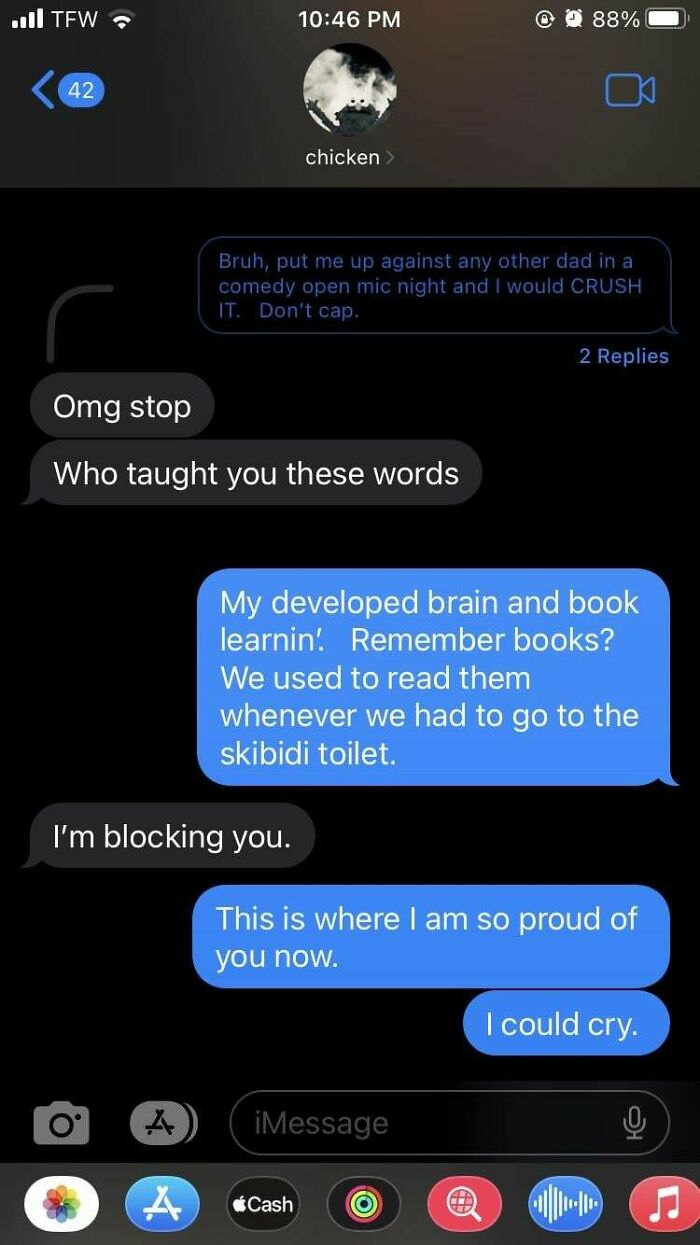 Text conversation showing funny dad humor with playful banter illustrating what it means to be a dad in a goofy way.