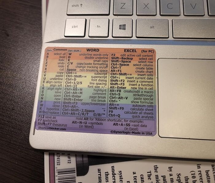 Keyboard shortcut sticker on a laptop showing common Word and Excel shortcuts for people who want to nail adulting tasks.