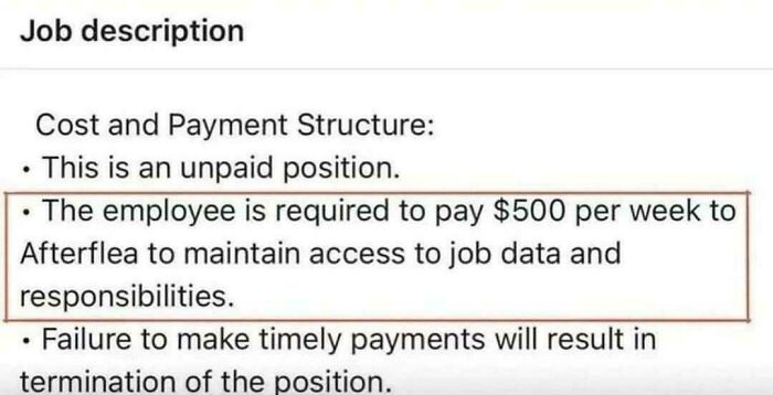 Unusual job description requiring payment for access, highlighting a recruiting hell scenario.