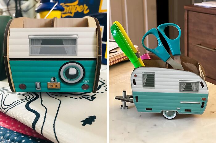 A cute camper-shaped desk organizer holding scissors and pens, making work supplies fun.