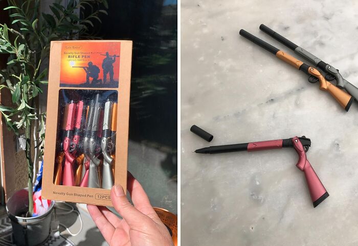 Novelty gun-shaped pens set for work supplies to make Monday easier.