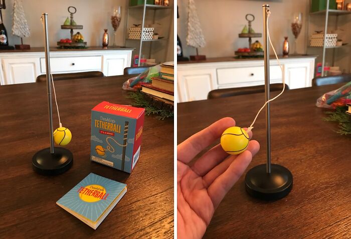 Desk toy tetherball with a yellow ball and stand, a fun item to turn your workspace into a low-key holiday destination.