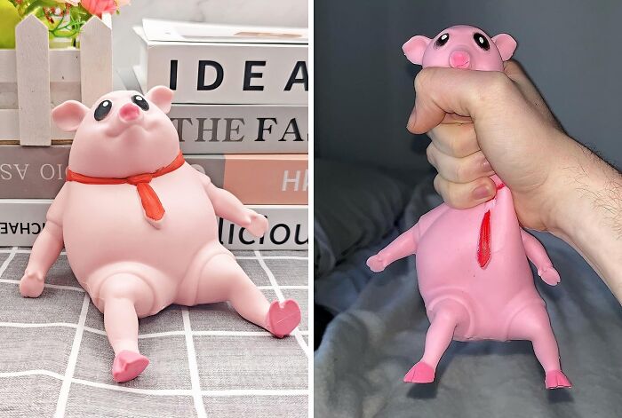 Pink stress-relief pig toy with red tie shown relaxed on a table, then squeezed in a hand, ideal work supplies.