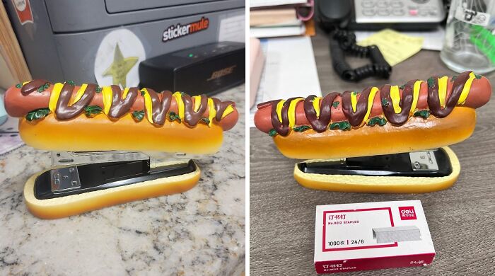 Hot dog stapler on a desk, a fun work supply to brighten Mondays.