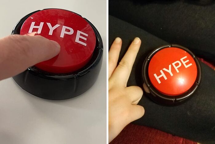 Red hype button being pressed and held, featured as a fun item to turn your workspace into a holiday destination.