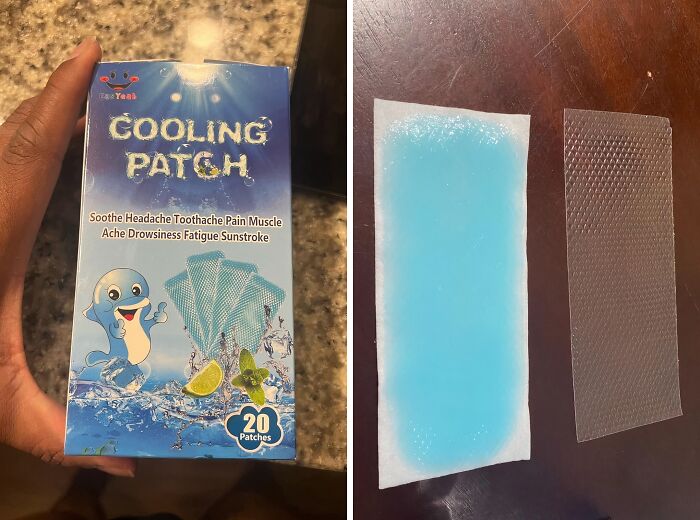 Cooling patch for travel on brown surface, showing packaging and individual patches.