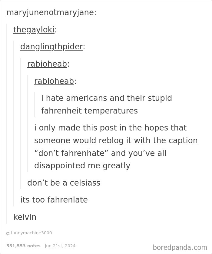 Funny replies about Americans and Fahrenheit temperatures with witty puns that were funnier than the original post.
