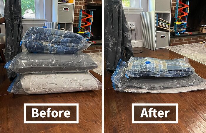 Vacuum storage bags show before and after compression, illustrating a travel tip to avoid common packing mistakes.