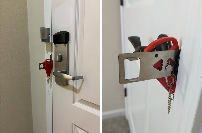 Portable door lock on door handle, ideal for avoiding common travel mistakes.
