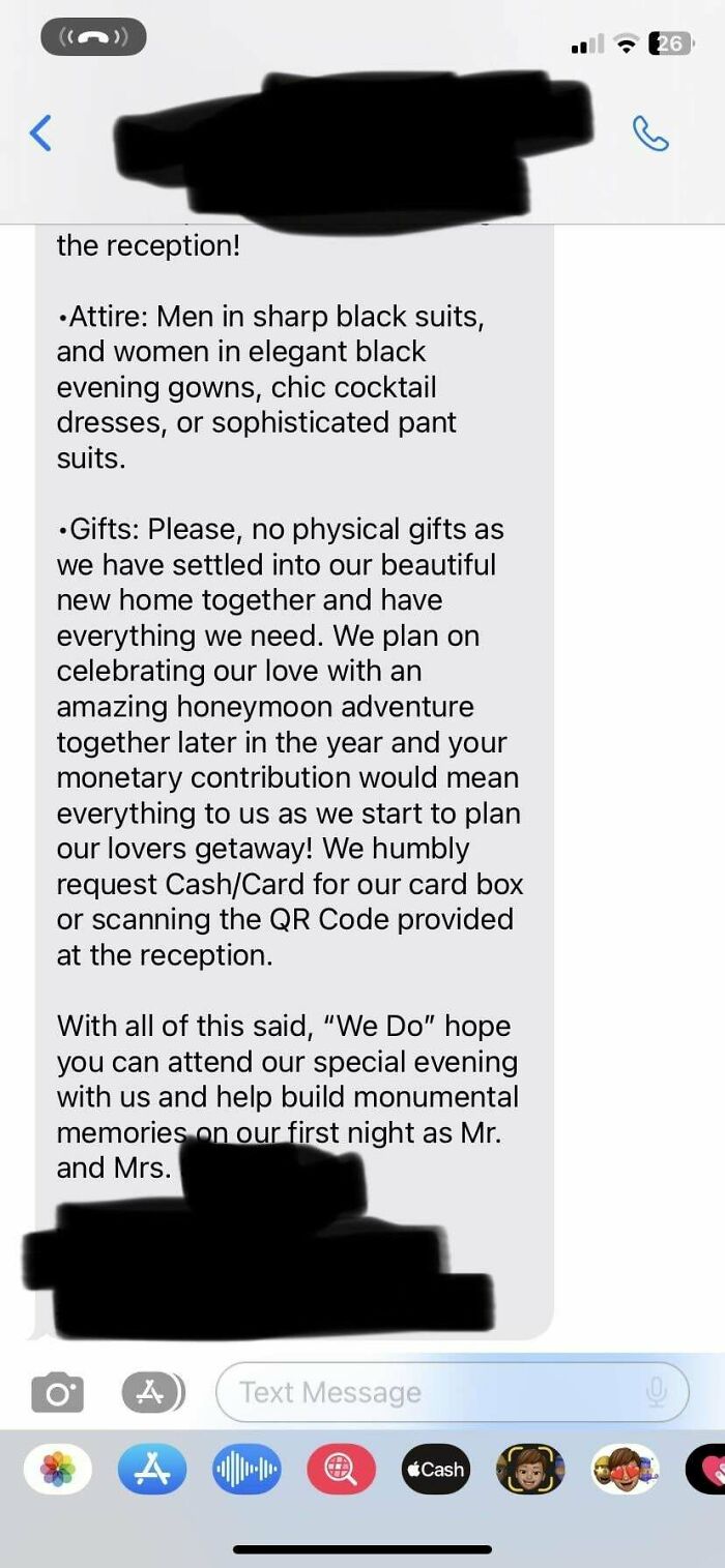 Text message about wedding attire and gift preferences with QR code payment option.