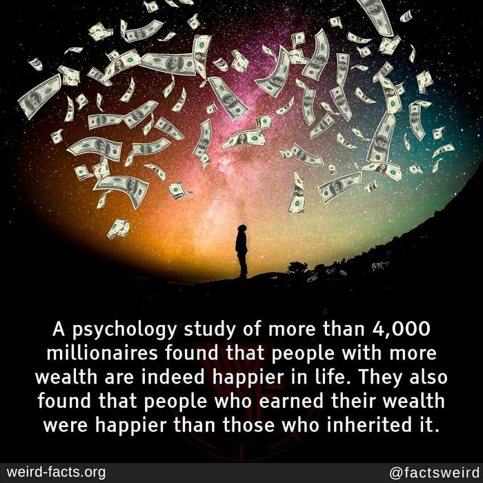 Silhouette under colorful sky with floating money, highlighting a weird fact about wealth and happiness.