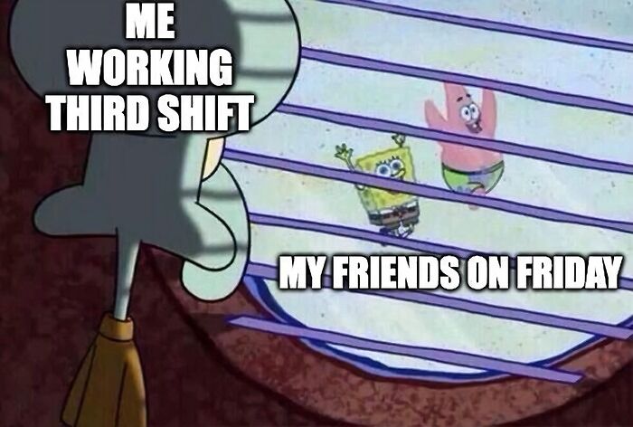 Squidward looks out window at SpongeBob and Patrick celebrating, illustrating a funny Friday meme.