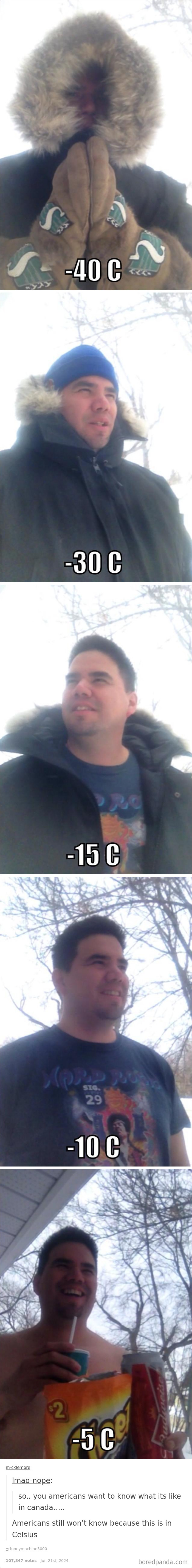 Man experiencing cold temperatures from -40C to -5C, gradually removing clothes and smiling outdoors in snowy Canada, funny replies.