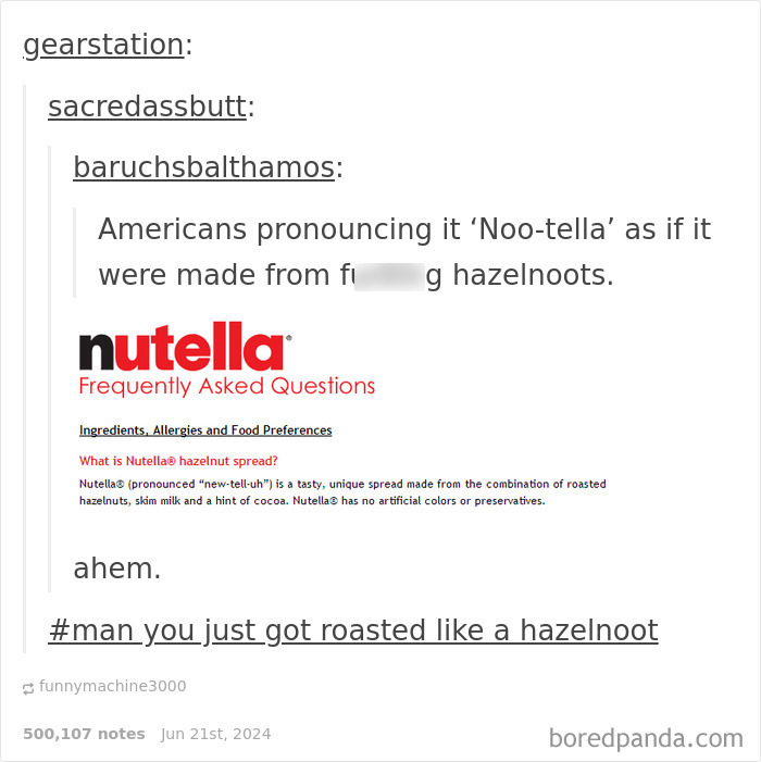 Screenshot of a humorous social media reply correcting the pronunciation of Nutella, part of funny replies.