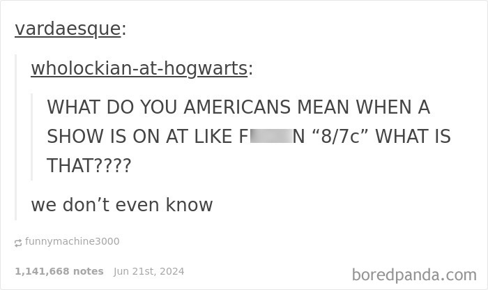 Alt text: Tumblr screenshot showing a funny reply that is funnier than the original post with confusing TV time reference.