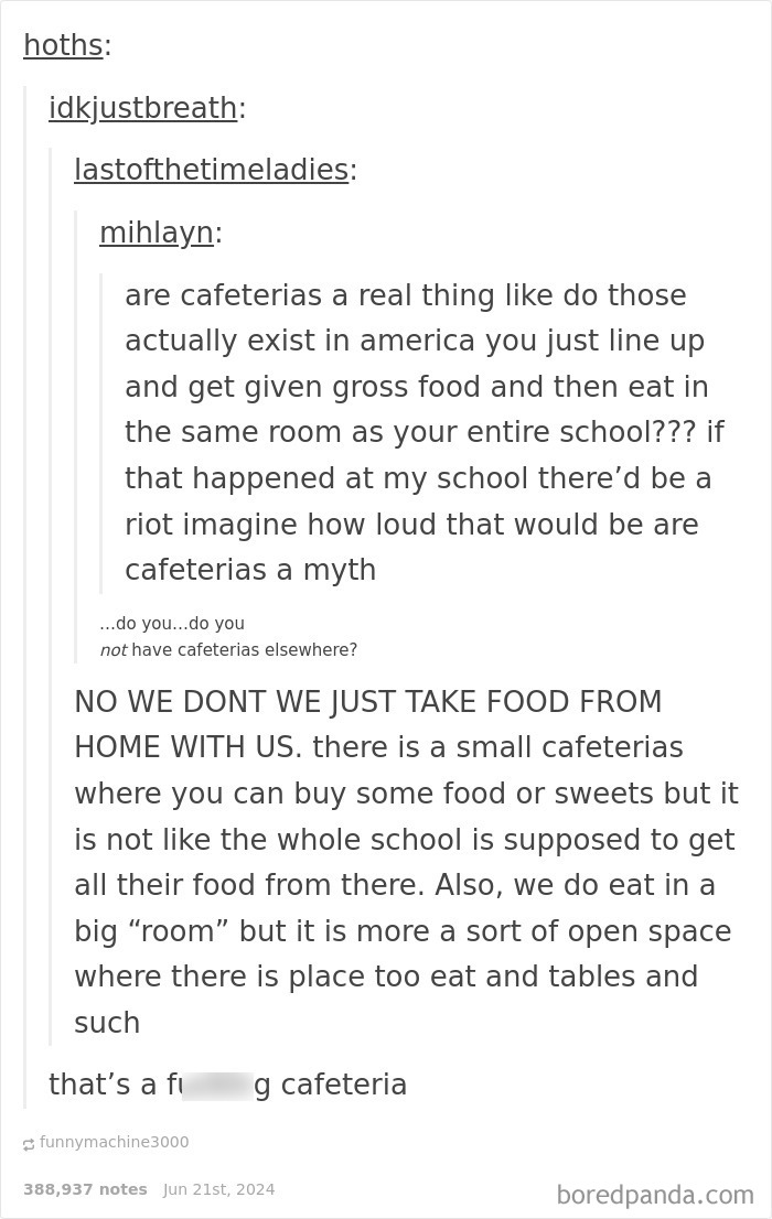 Tumblr thread humorously debating if cafeterias truly exist with funny replies funnier than the original post about school lunches.