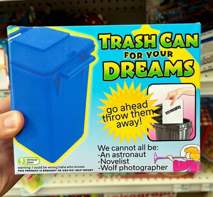 Funny fake products by Obvious Plant: "Trash Can for Your Dreams" box in store display.