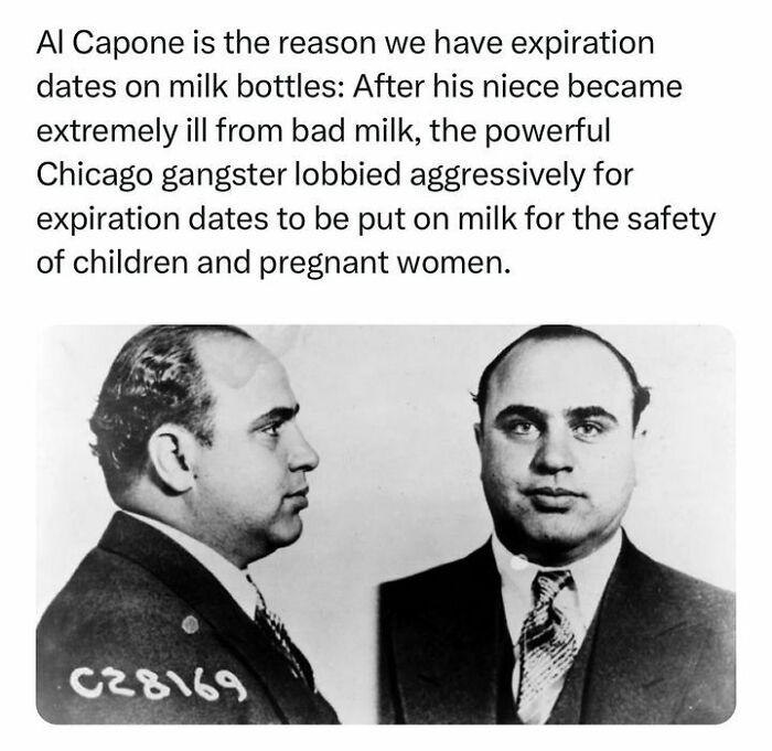Black and white mugshot of Al Capone with a fact about his influence on milk expiration dates for safety, history facts.