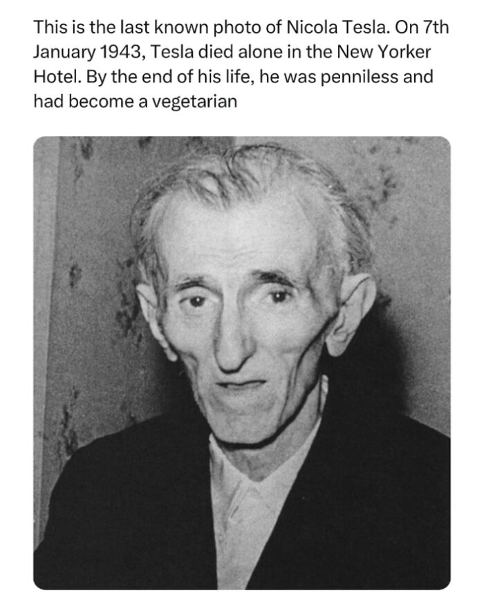 Black and white photo of Nikola Tesla, featured in history facts shared by over 1M daily followers of this page.