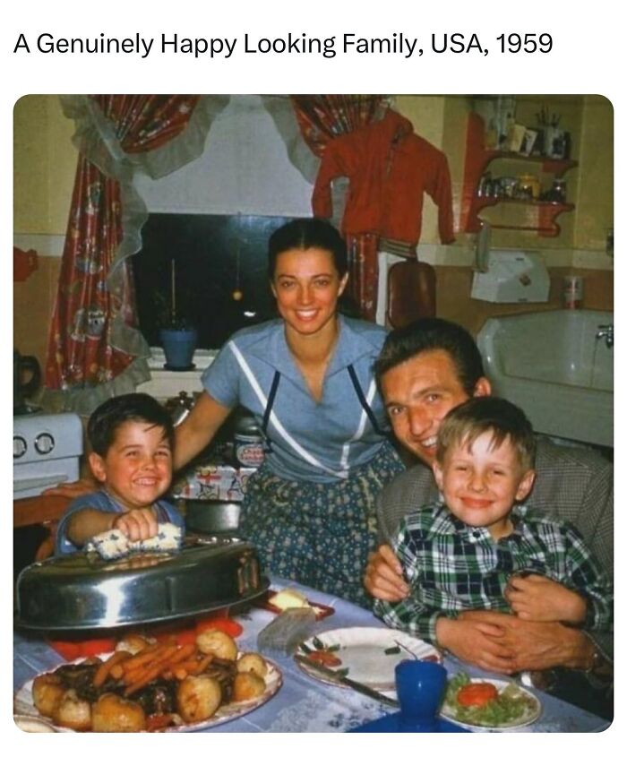 Happy 1959 family enjoying a meal together, illustrating daily history facts shared with over 1M people following the page.