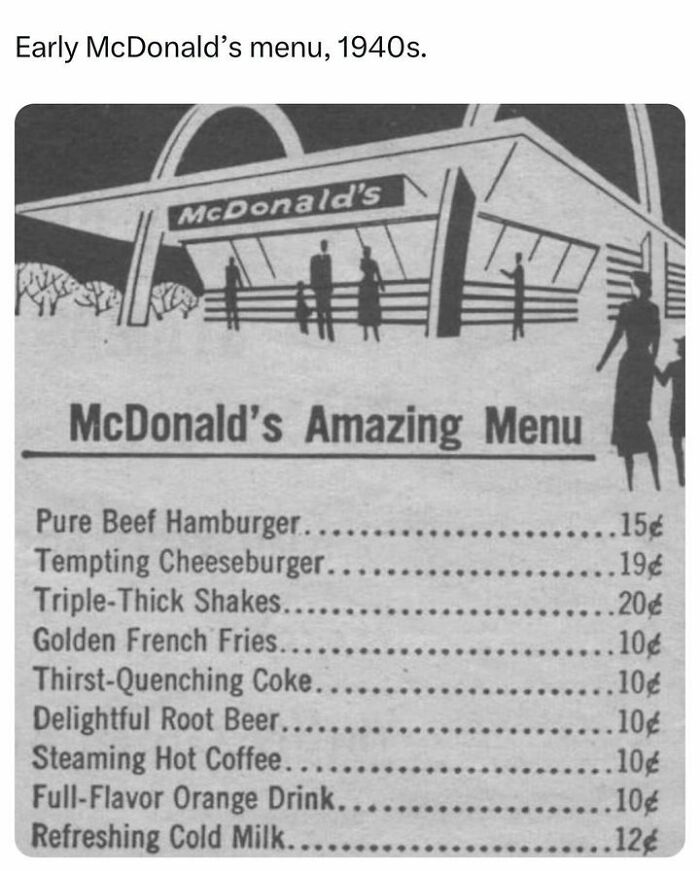 Early McDonald’s menu from the 1940s showing prices, part of history facts shared by over 1M followers online.