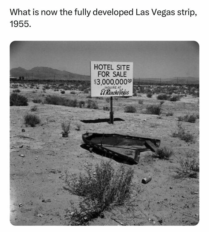 Desert landscape in 1955 with hotel site for sale sign showing early history facts of Las Vegas development.