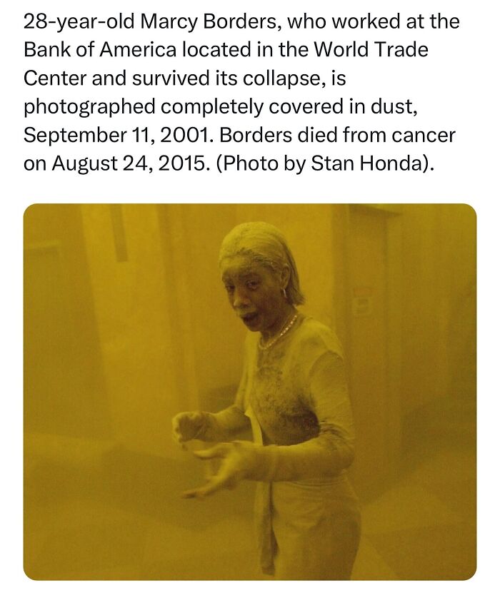Woman covered in dust inside the World Trade Center after collapse, featured in daily dose of history facts followed by over 1M people