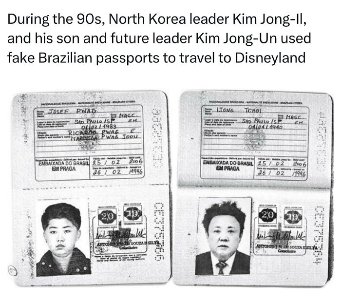 Fake Brazilian passports used by North Korea leaders Kim Jong-Il and Kim Jong-Un during the 90s, a history facts example.