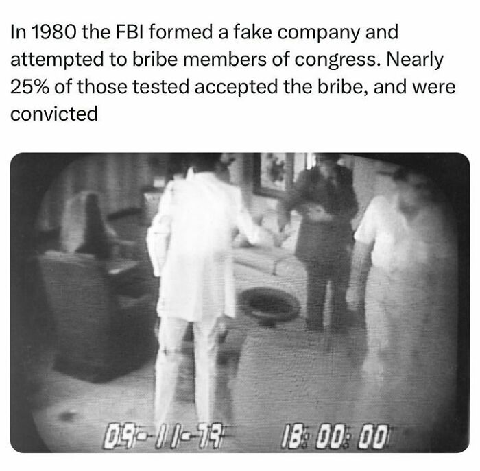 Black and white photo showing the FBI bribery sting in 1980, part of popular history facts shared daily by over 1M followers.