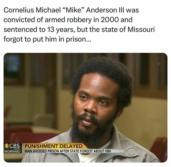 Man with beard discussing a history fact about punishment delayed after state forgot to imprison him on CBS News.