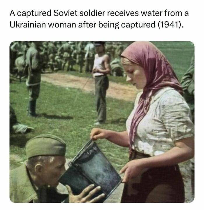 A Captured Soviet Soldier Receives Water From A Ukrainian Woman After Being Captured (1941). #sovietunion #soldiers #war #historyfacts #didyouknow #fyp #explore