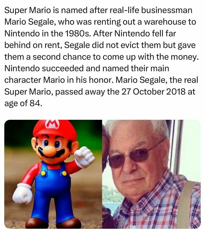 Text about Super Mario's name origin and tribute to Mario Segale, with images of Super Mario figure and the real businessman.