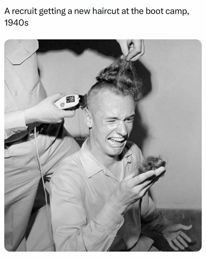 A recruit receiving a haircut at boot camp in the 1940s, a vintage history fact shared by history facts followers.