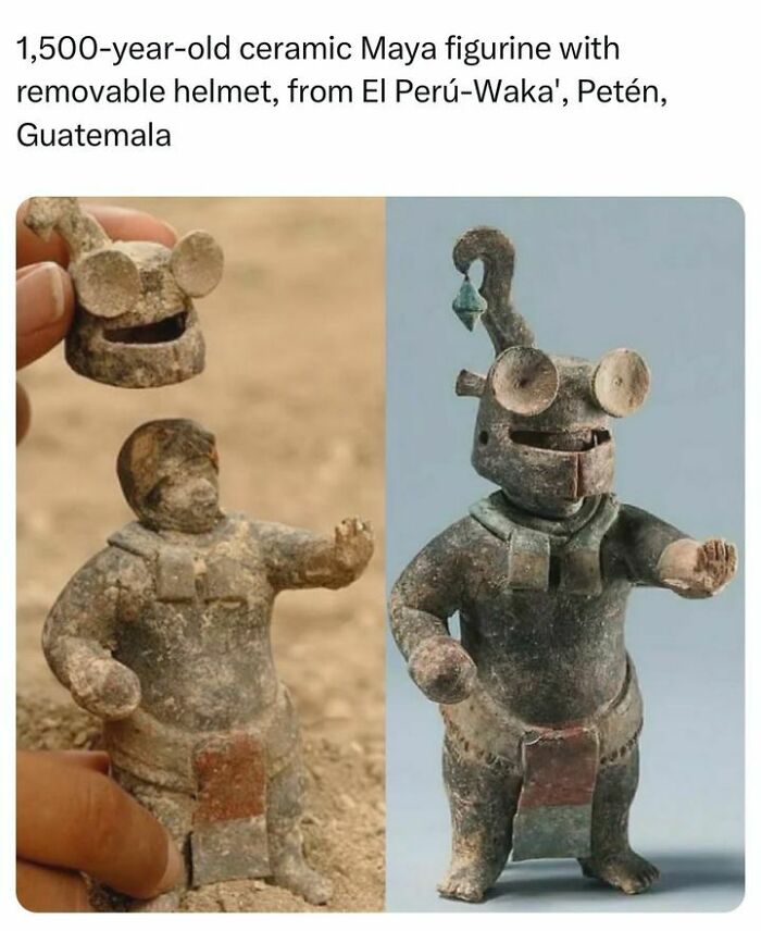 Ancient 1,500-year-old ceramic Maya figurine with removable helmet from El Perú-Waka', featured in daily history facts.