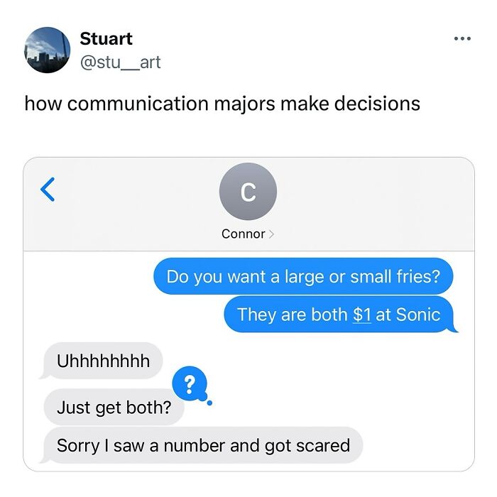 Text conversation meme about communication majors making decisions, featured in college confessions meme posts.