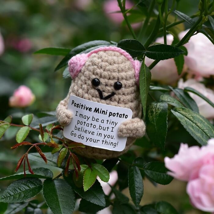 Crocheted mini potato holding a sign with motivational text among pink flowers; cult favorite popularity.