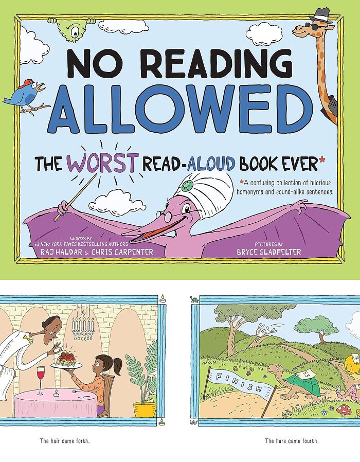 "No Reading Allowed" humorous book cover showcasing cult favorites in wordplay with two illustrated scenes.