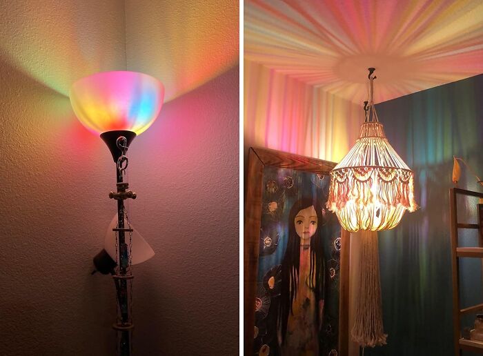 Colorful cult favorite lamps casting vibrant patterns on walls.