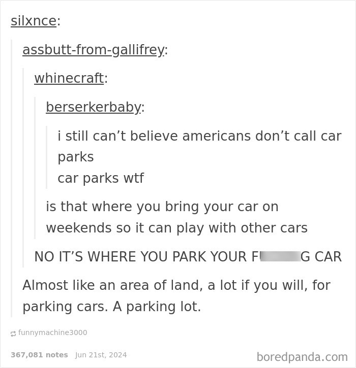 Text conversation humor about Americans not calling car parks and the funny misunderstanding about parking lots.