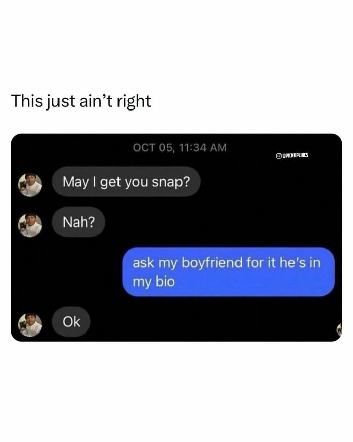 Text conversation meme about asking for a Snapchat, with a funny response involving a boyfriend in the bio.
