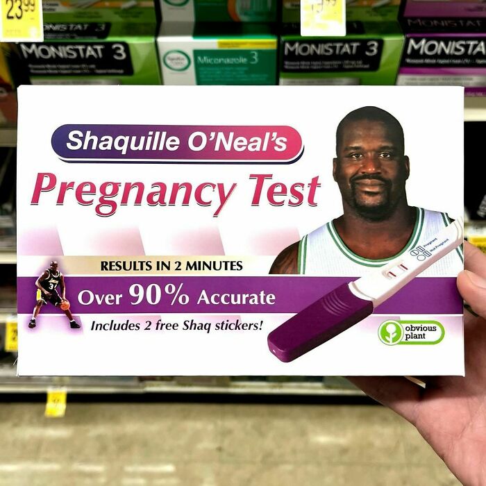 Fake product in store: "Shaquille O'Neal's Pregnancy Test" box with humorous packaging by Obvious Plant.