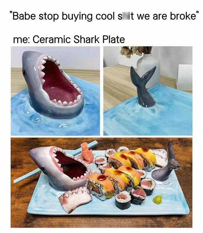 Ceramic shark plate filled with sushi rolls, humorously depicted with shark features.