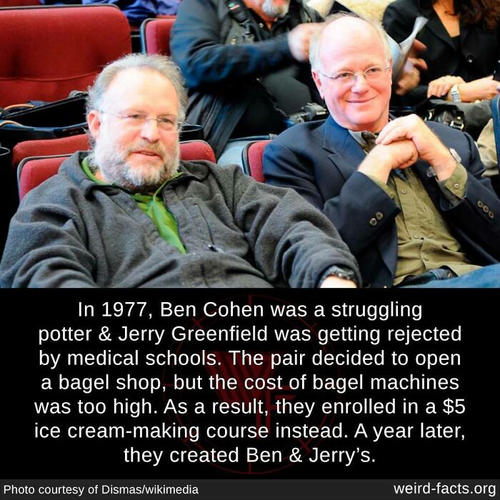 Two men seated together, smiling, with a text overlay sharing a weird fact about the founding of Ben & Jerry's.