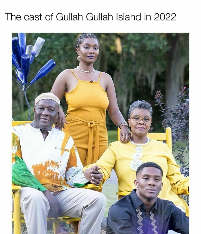 Four actors from Gullah Gullah Island posing outdoors, wearing colorful clothing in a casual family portrait.