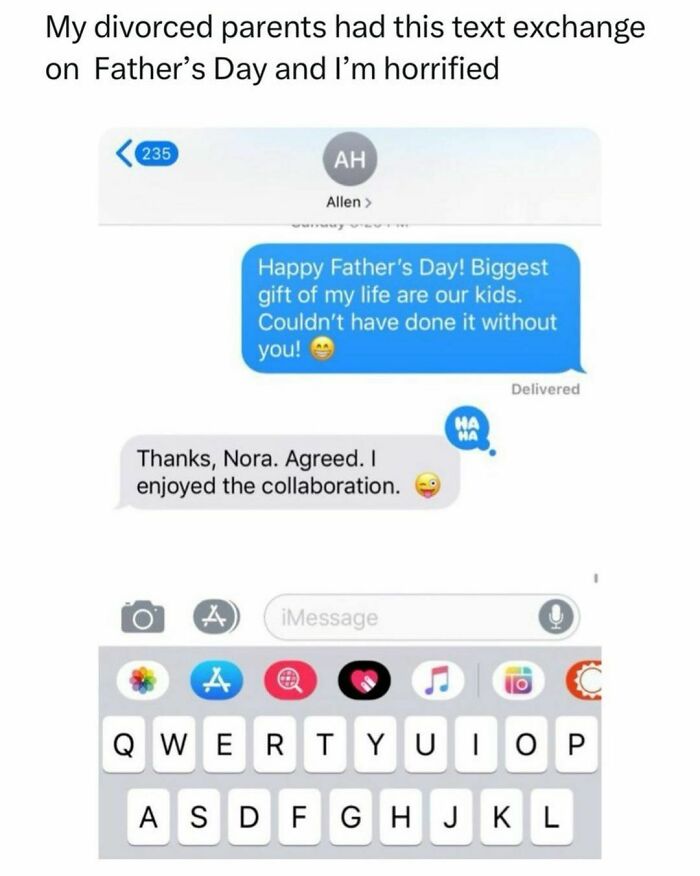 Funny text exchange between divorced parents celebrating Father's Day, creating a meme moment.