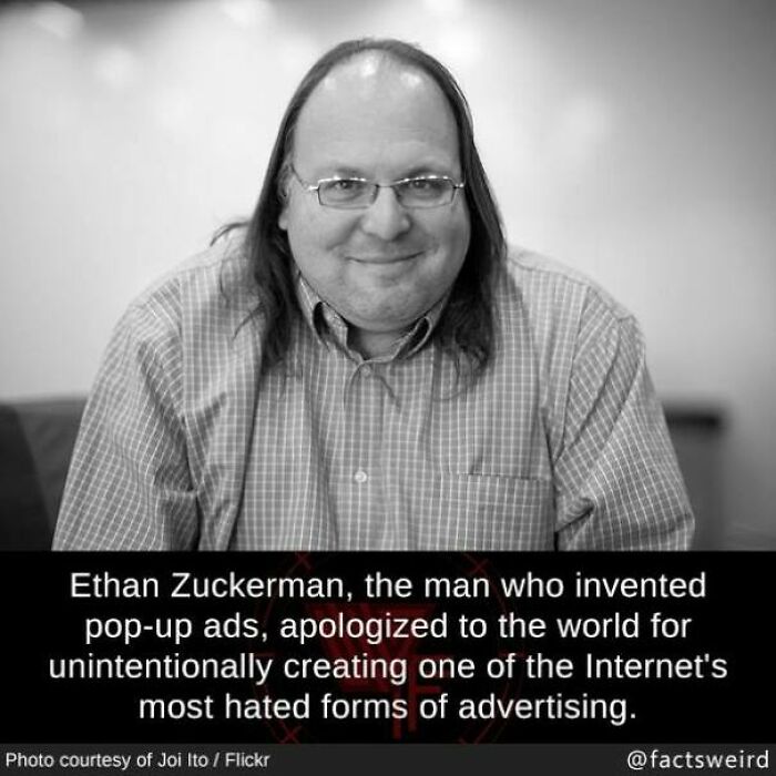 Man in glasses and checkered shirt, associated with weird facts about apologizing for creating pop-up ads.