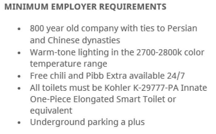 Recruiting Hell: Humorous employer requirements including ancient company, specific lighting, and 24/7 chili access.